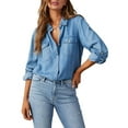 thumbnail image 3 of Women's Denim Shirt Long Sleeve Button Down Shirt, V-Neck Chambray Blouse Top for Women, Casual Work Shirt Dark Blue M, 3 of 10