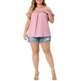 thumbnail image 2 of Agnes Orinda Women's Plus Size Tops Chiffon Swiss Dots Short Sleeves Lace Crochet Pleated Blouse 1X Pink, 2 of 5