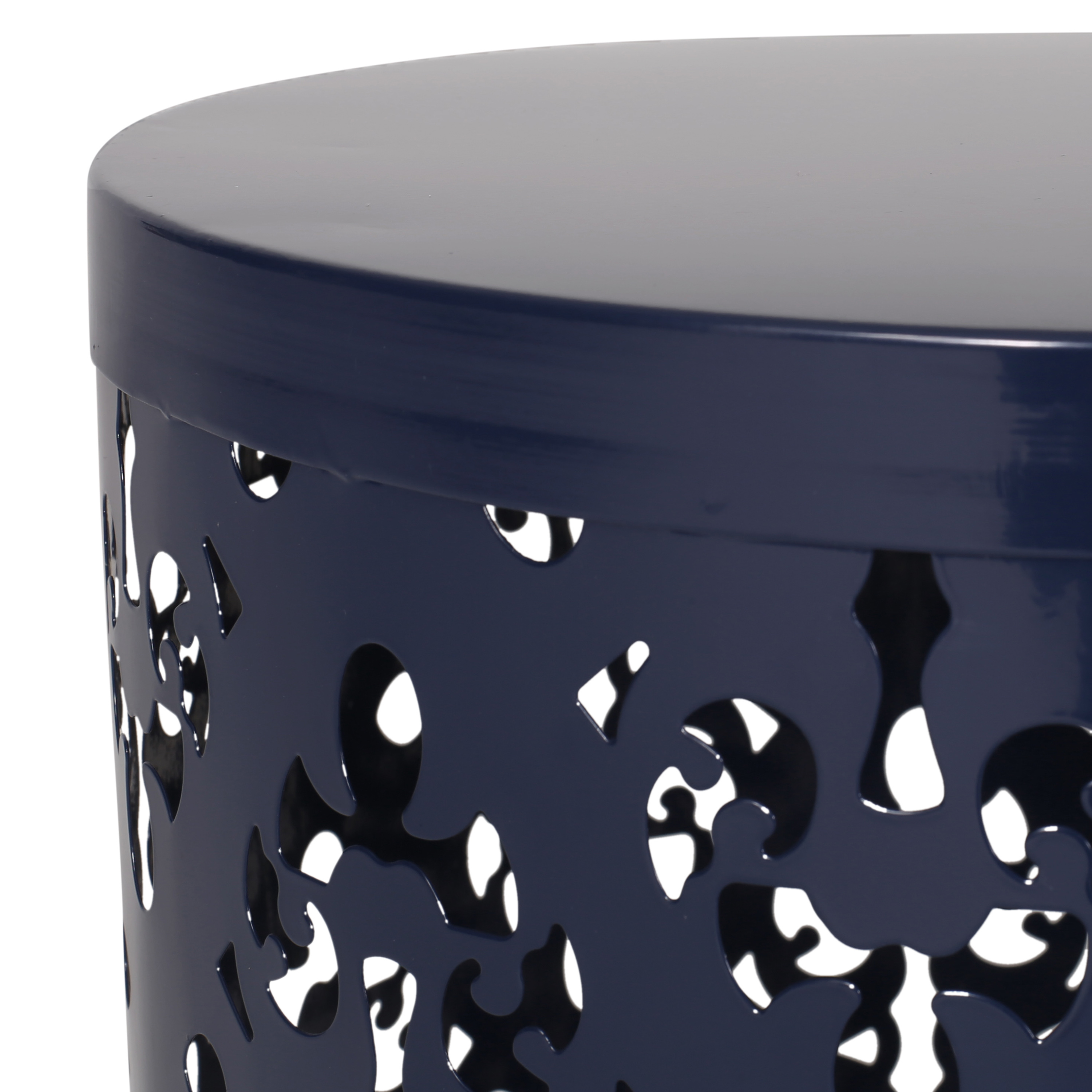 Outdoor Large Cylindrical Side Table, Floral Pattern Hollow Out Iron Tabletop for Patio Garden, Navy Blue