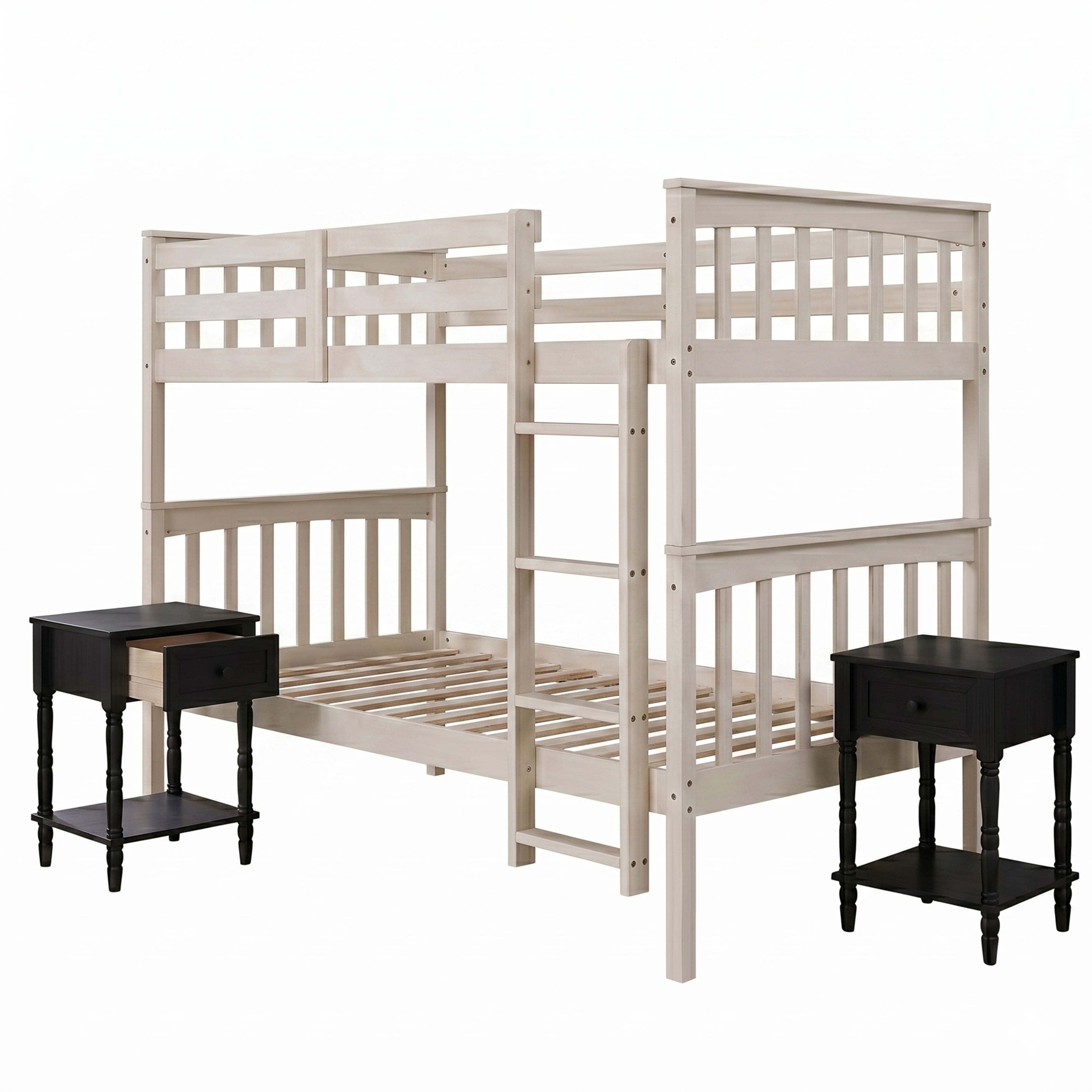 Home Design Ames Twin Over Twin Solid Wood Bunk Bed with 2 Ruston Nightstand – 3-Piece Space-Saving Bedroom Set, Antique White/ Black