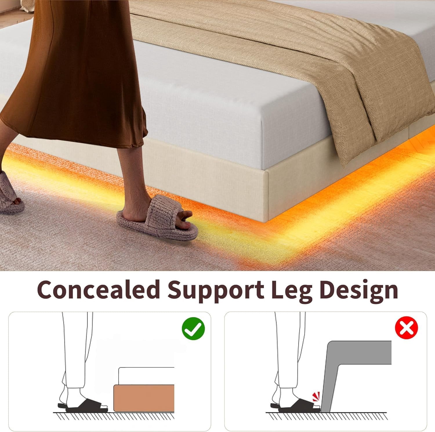 Huisuilinss Floating Bed Frame Full,Queen Size Upholstered Platform Bed With LED Lights & Charging Station,Storage Headboard & Folding Shelves Storage,Metal Slats Support,No Box Spring Needed