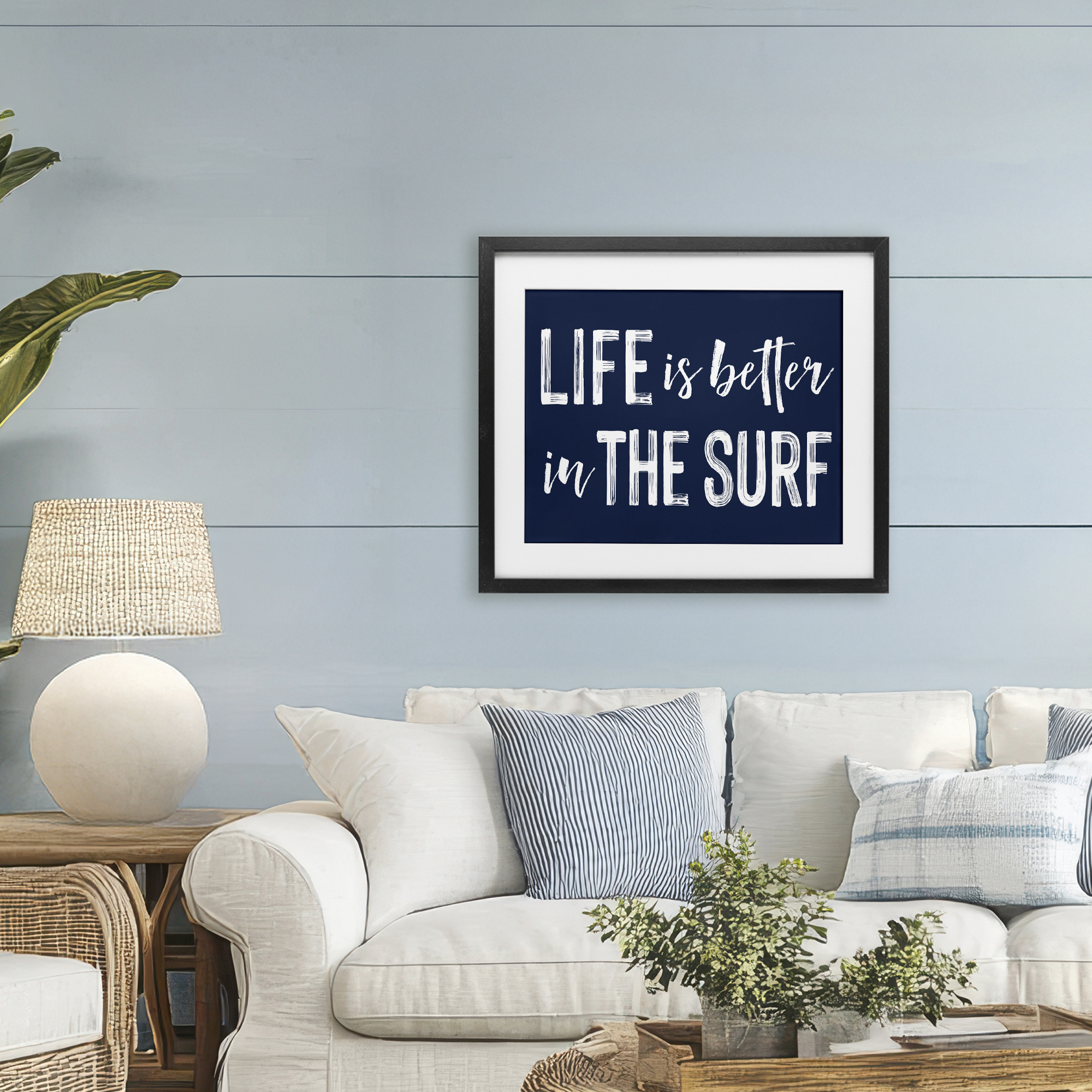 Life Better In Surf Black Framed Print Under Glass, design by Lettered and Lined