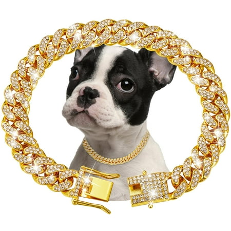 Gold Dog Chain Collar DPF11 Diamond Cuban Link Dog Collar 13mm Wide Dog Necklace Metal Cat Chain Pet Crystal Collar Jewelry Accessories for Small Medium Large Dogs Cats(18inch)