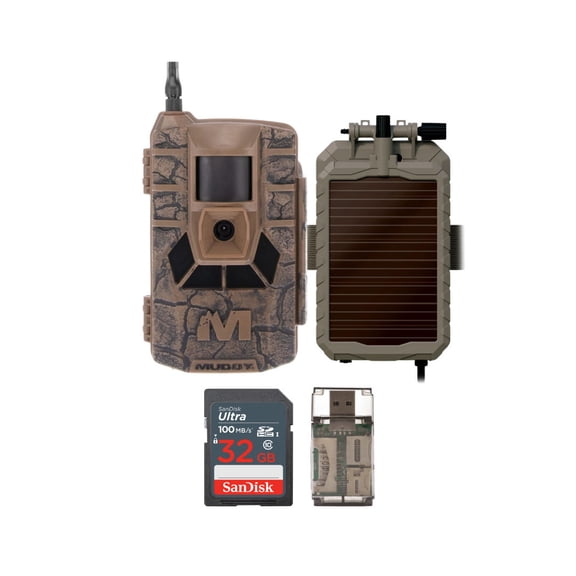 Muddy Matrix 36MP Imaging Cellular Trail Camera with On Demand Photo Bundle with Lithium-Ion Solar Battery, 32GB Ultra SDHC UHS-I Memory Card, and Card Reader (4 Items)