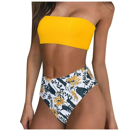 Women s High Waisted Bandeau Bikini Set Palm Tree Print Strapless Top with Full Coverage Bottom Swimwear for Summer Beach Swimsuits Womens Bathing Suits 2025 Yellow XL
