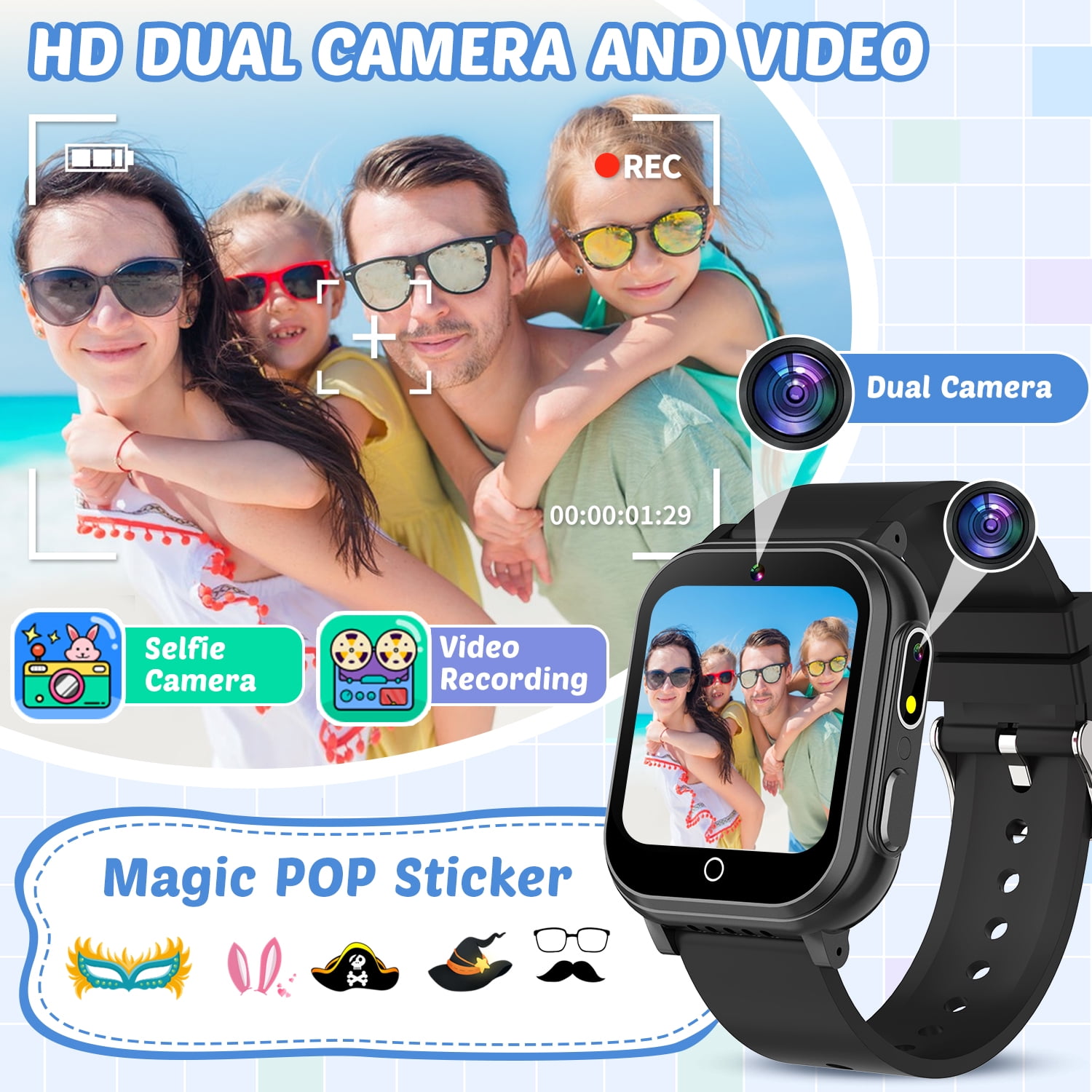 Vakzovy Waterproof Smart Watch for Kids with 32 Games Dual Camera Video Habit Tracking Music Player Pedometer Screen Protectors Lanyard, HD Touchscreen Kids Watch Toy Birthday Gift for 3-12 Year Old