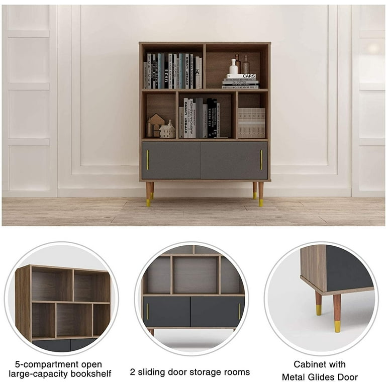 Cube Bookshelf 3 Tier Mid Century Modern Bookcase with Doors Legs Retro Wood Storage Organizer Shelf Free Standing Open Book Shelves Rustic Brown