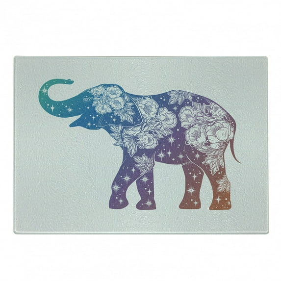 Elephant Cutting Board, Romantic Wildrose Pattern Stars Oriental Ombre Effect, Decorative Tempered Glass Cutting and Serving Board, in 3 Sizes, by Ambesonne