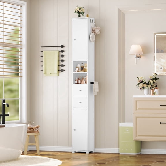 Homfa 71" Tall Bathroom Storage Cabinet with Adjustable Shelves, 2 Doors & Drawers Bathroom Storage Tower with Hooks & Paper Towel Holder, Freestanding Narrow Cabinet for Small Spaces, White