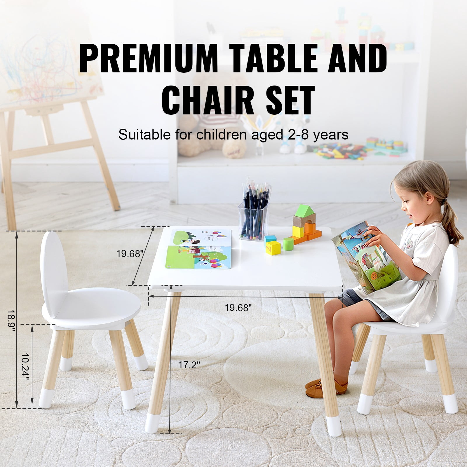 Kids Table and Chairs, Toddler Table and Chair Set, Children Wooden Multi-Activity Table for Play, Art, Craft, Reading, Learning, Eating, 1 Table and 2 Chairs