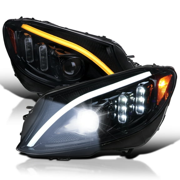 Spec-D Tuning Black Smoke Sequential Signal Tube Full LED Projector Headlights Compatible with 2015-2018 Mercedes Benz W205 C-Class Left   Right Pair Headlamps Assembly
