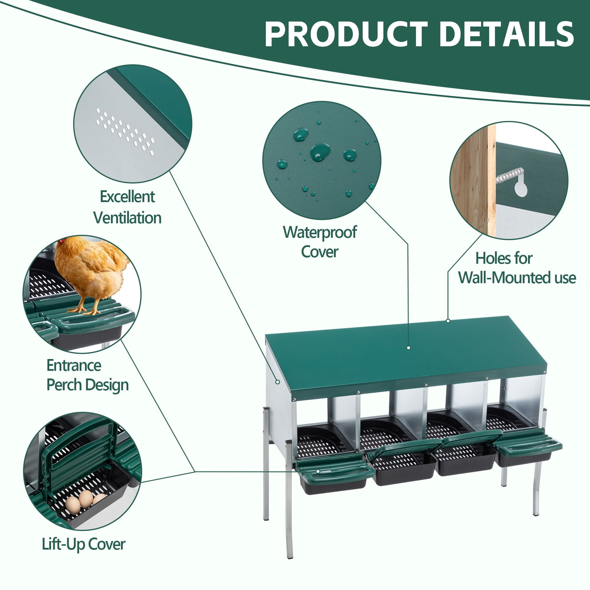 4-Hole Chicken Nesting Box with Legs & Lid Cover, Galvanized Steel Freestanding & Wall-Mount Egg Laying Box, Green Poultry Nest Box for Coop Farm