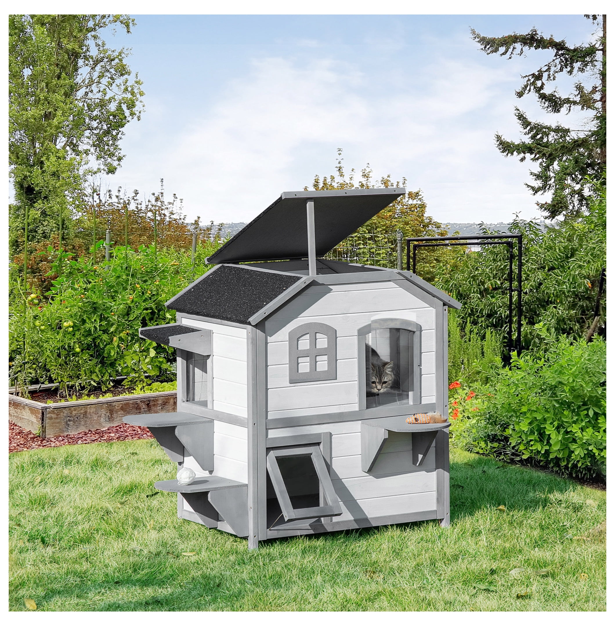 2-story Cat House Outdoor, Weatherproof Wooden Cat Enclosure for Feral Cats with Escape Door, Openable Roof, Jumping Platforms, White