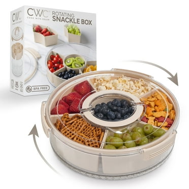 COOK WITH COLOR Round Snackle Box – 6-Compartment Serving Tray with Lid and Handle, Cream – Kids Lunch Box & Meal Prep Snack Container