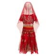 thumbnail image 3 of TTAO 4Pcs Belly Dance Set for Girls Sequins Crop Top Skirt with Hip Scarf Headwear Indian Dance Outfits Red 2-3, 3 of 4