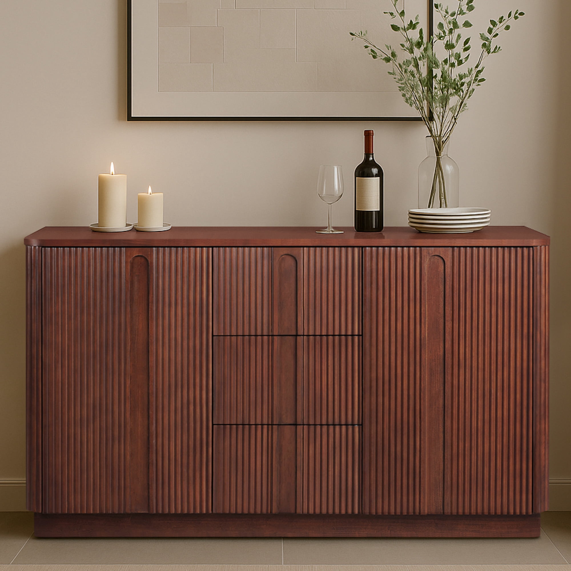 Teamson Home Potomac Modern Solid Wood Sideboard with Push-to-Open Storage, Adjustable Shelf, 3 Drawers & 2 Cabinets