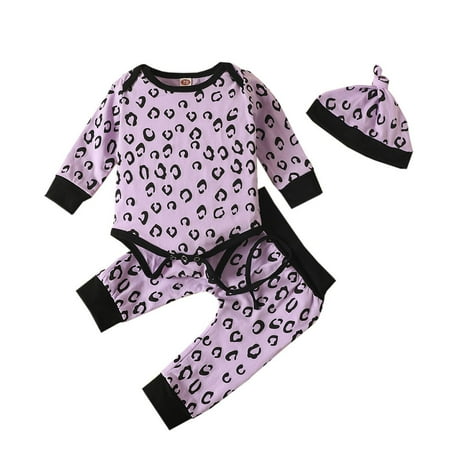 

Baby Girls Boys Leopard Print Romper Bodysuit + Pants+Hat Outfits