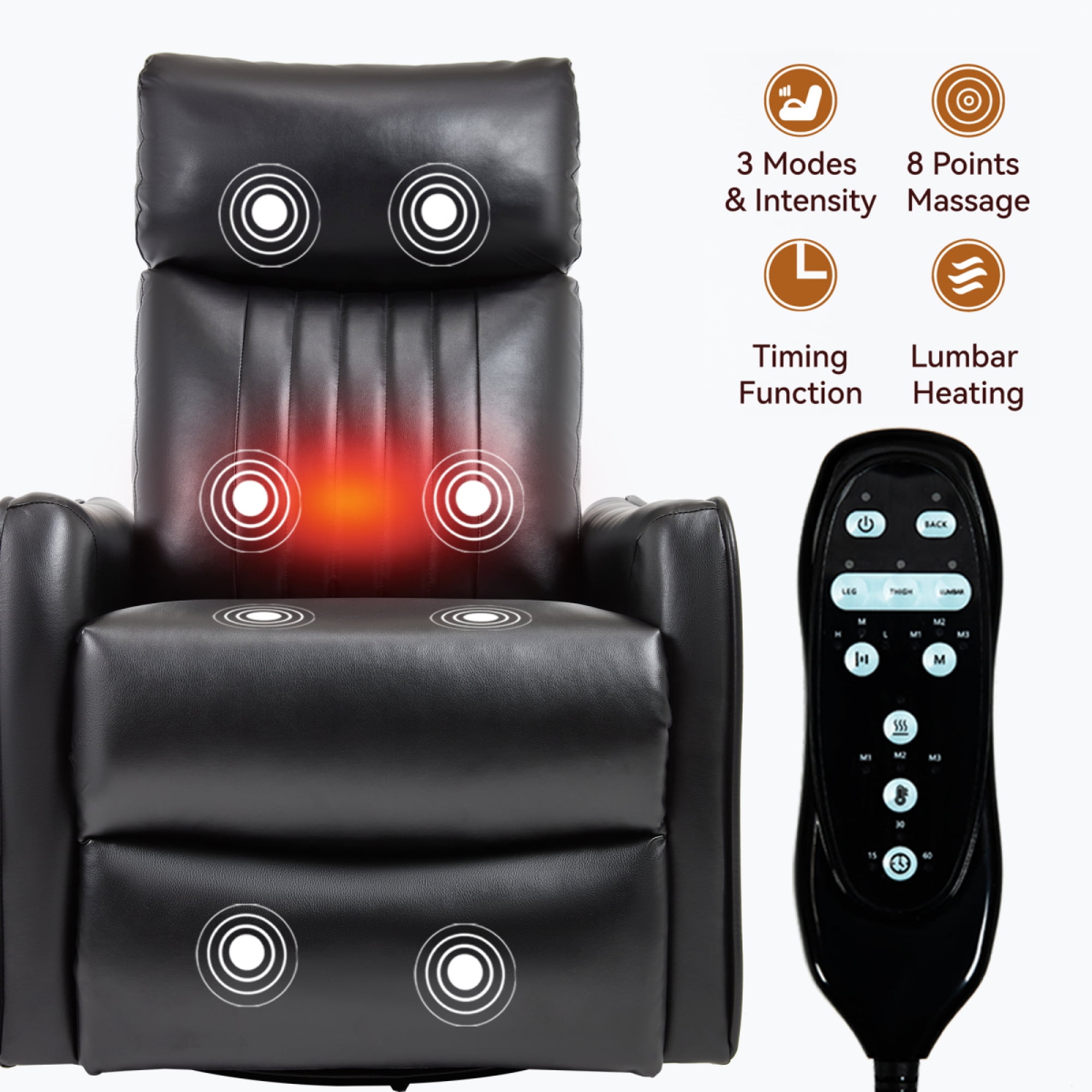 360 Swivel Rocking Recliner Chair for Adults, Nursery Rocking Chair with Heat and Massage, Glider Reclining Chair for Small Space, Living Room, Bedroom (PU, Black)