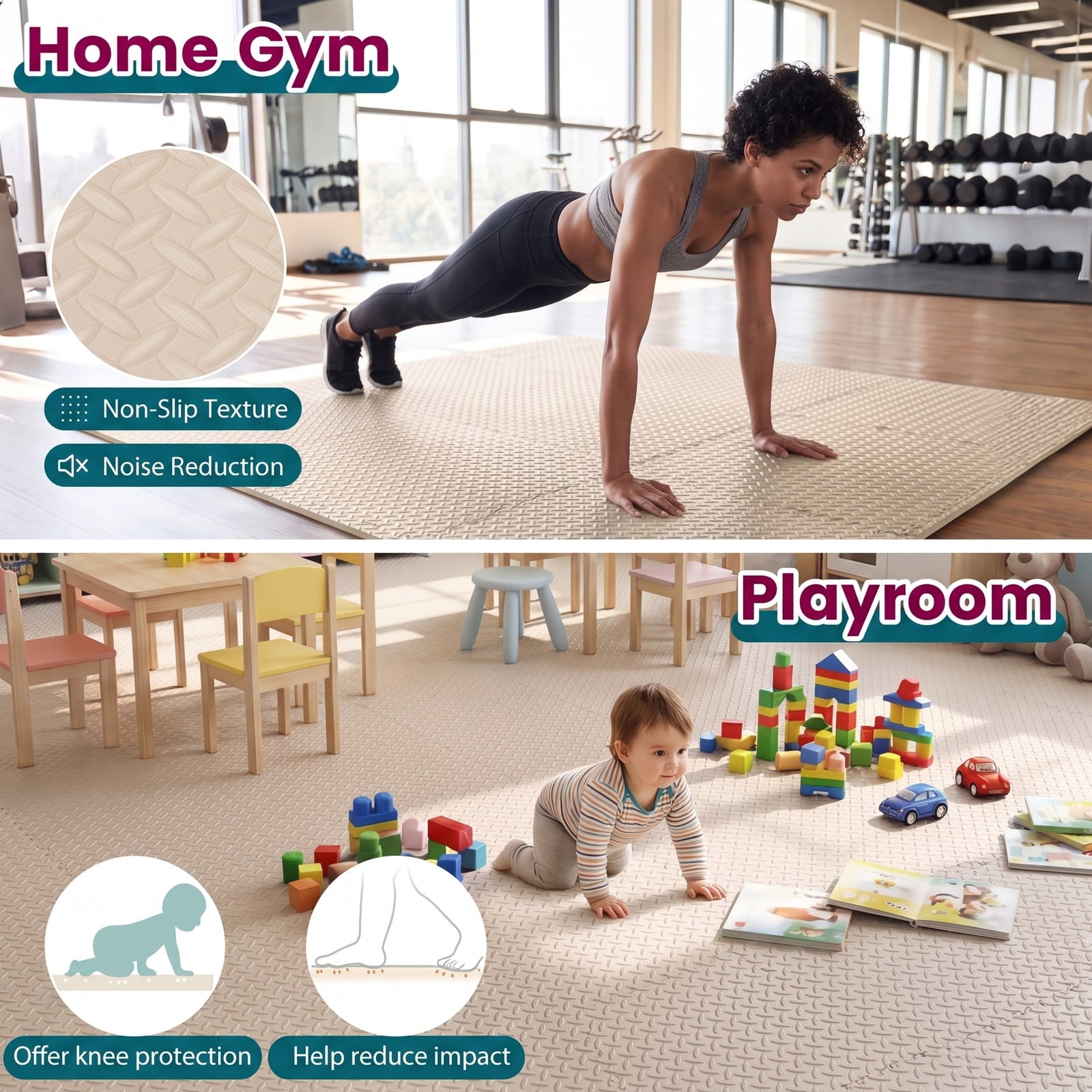 Airfind 24 Tiles Puzzle Exercise Floor Mat with Interlocking EVA Foam and Non-Slip Texture for Home Gym Equipment Protection, Beige