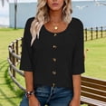 thumbnail image 6 of Yrmaups Loose Fit 3/4 Sleeve T Shirt for Women Plus Size, Casual Round Neck Button Down Blouse, Soft Stretch Basic Tee for Vacation Office Home Daily Wear, Black 3XL, 6 of 6