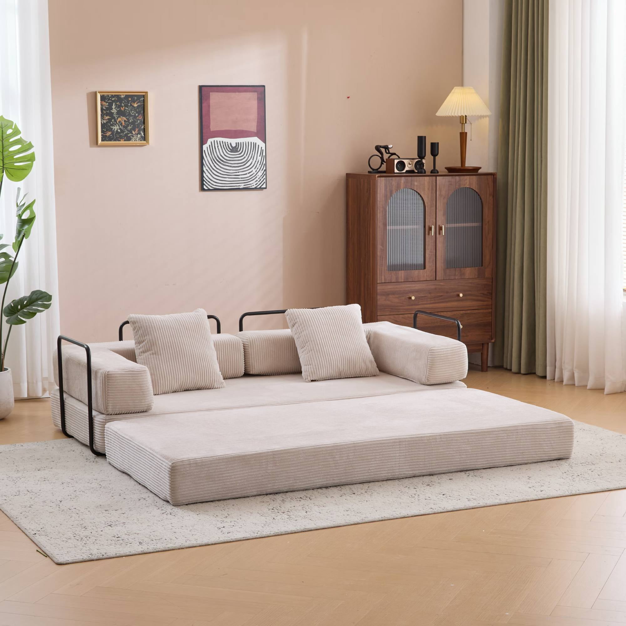 Convertible Sleeper Sofa Bed with Pillow, Corduroy Folding Mattress Floor Sofa Lounge Couch for Living Room, Bedroom, Light Grey