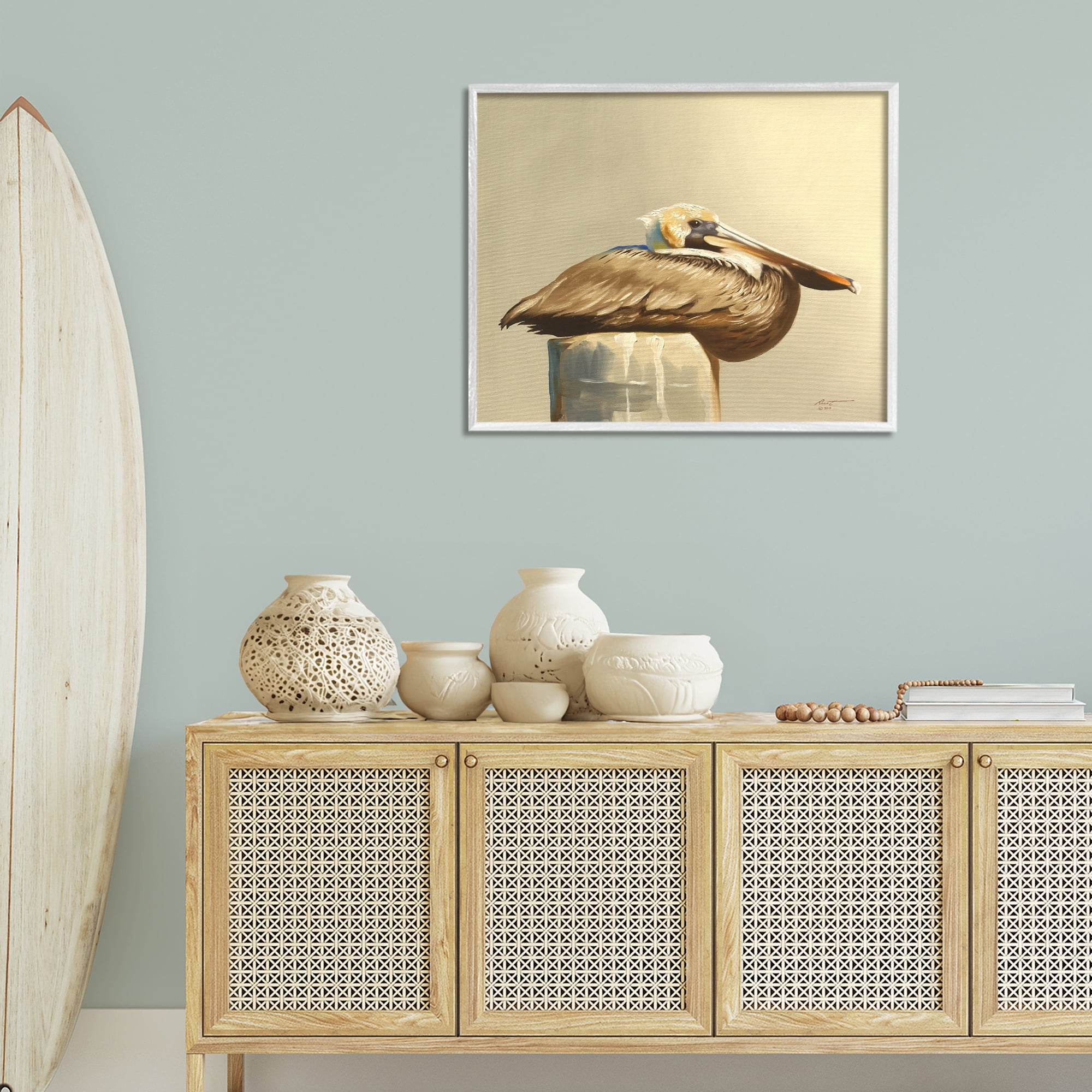 Stupell Industries Pelican Resting on Dock Animals & Insects Painting White Framed Art Print Wall Art, 30 x 24
