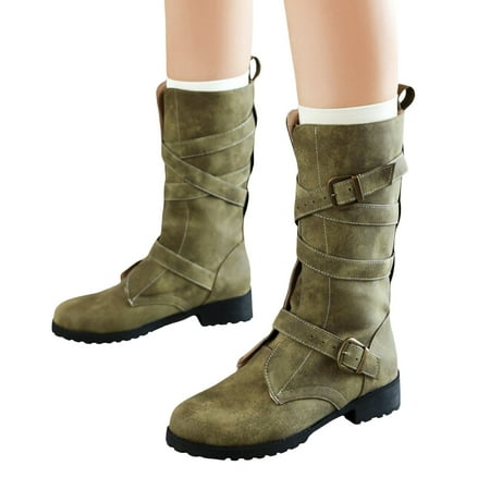 

Cowboy Boots for Women Combat Boots Womens Boots for Women Women Mid Calf Boots Fashionable New Pattern Simple Solid Color Round Toe Thick Fashion Retro Classic Pull On Boot