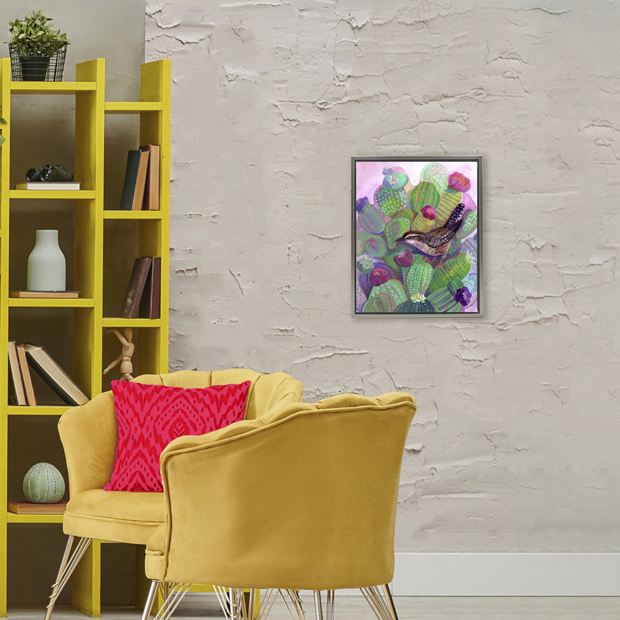 Desert Day Dream Bird Gray Framed Floater Canvas Wall Art, design by Ashley Davis