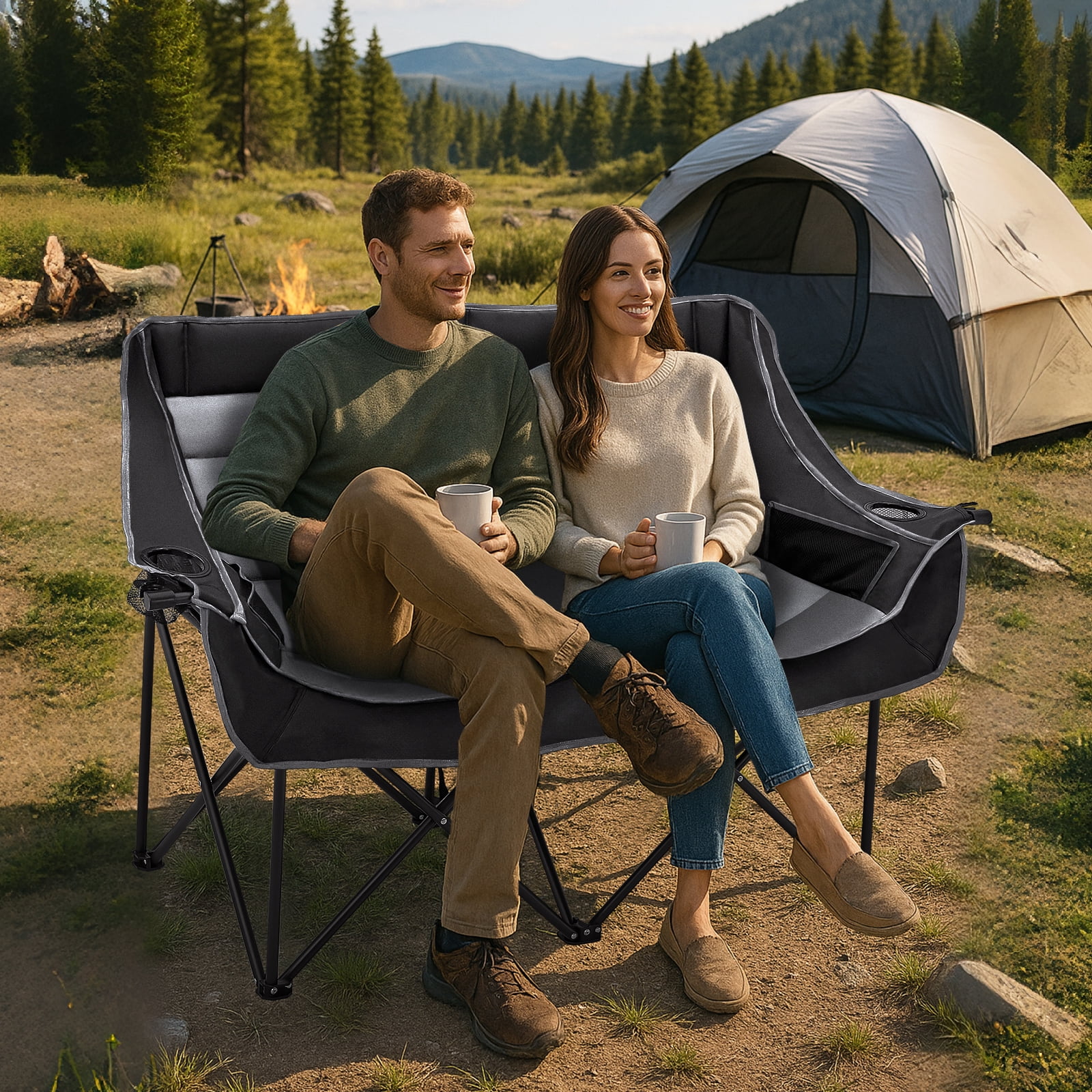 ABORON Oversized Double Camping Chair, Folding 2 Person Camping Chair Loveseat, Fully Padded Duo Chair Camping Couch, Portable Double Camp Chair, Lawn Chairs, Camping Bench with Carrying Bag