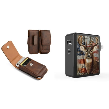 

Holster and Wall Charger Bundle for TCL 30 Z: Vertical Magnetic Belt Pouch Case Clip (Brown) and 45W Dual USB Port PD Power Delivery Type-C and USB-A Power Adapter (American Deer Camo)