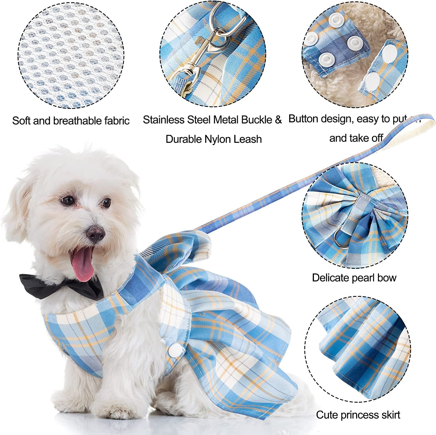 BURIBURI Dog Cat Harness with Leash Set, Doggy Dress Plaid Puppy Girl Skirt with Lead Rope, Cute No Pull Comfort Dog Harness Breathable Lightweight Vest Jacket for Rabbits Outdoor Training Walking