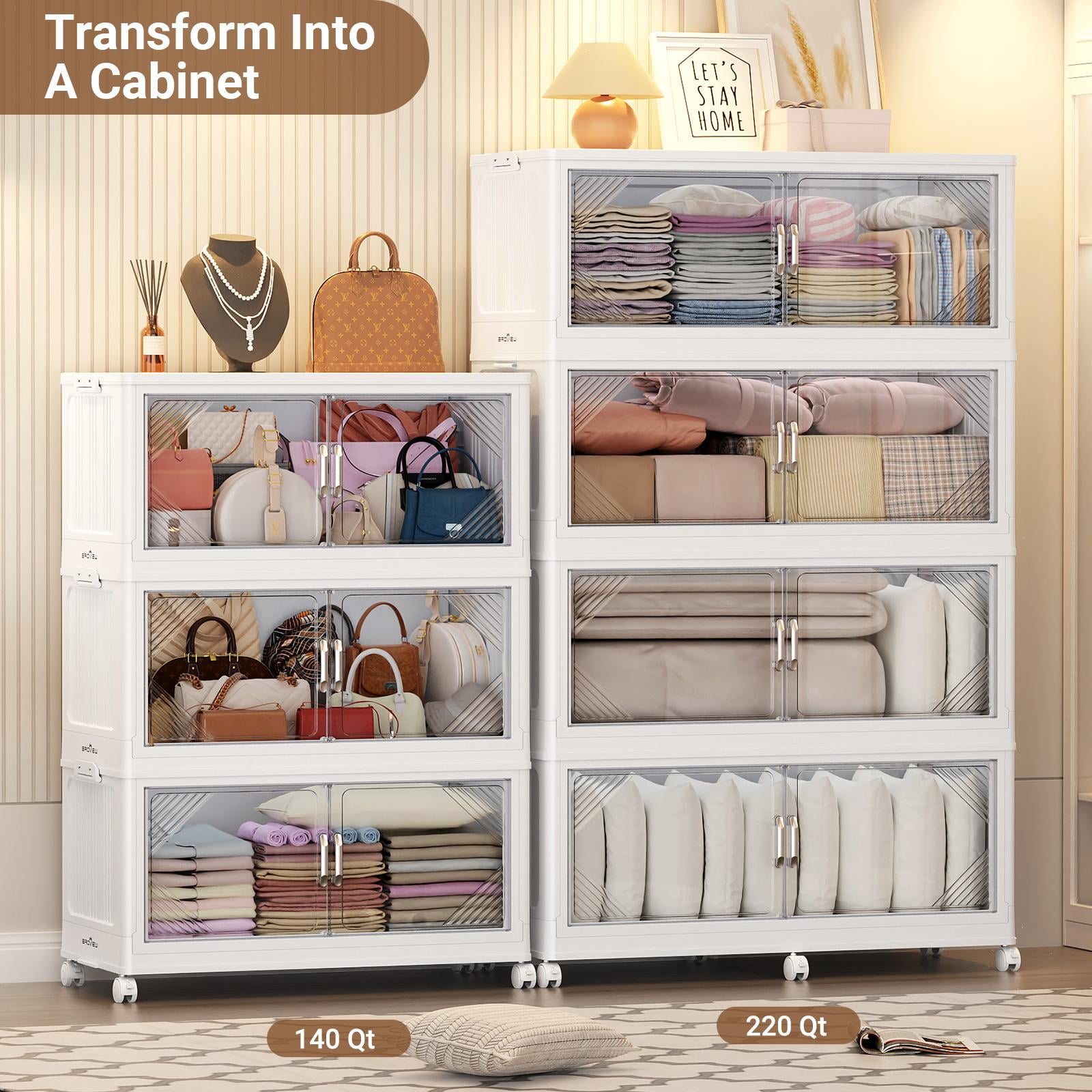Broview V60 140Gal Extra Large Stackable Storage Bins with Lid, 560QT Plastic Containers With Drawers, Folding Closets with 6x Wheels, Collapsible Cabinets Organizers for Home Office, 4Pack White