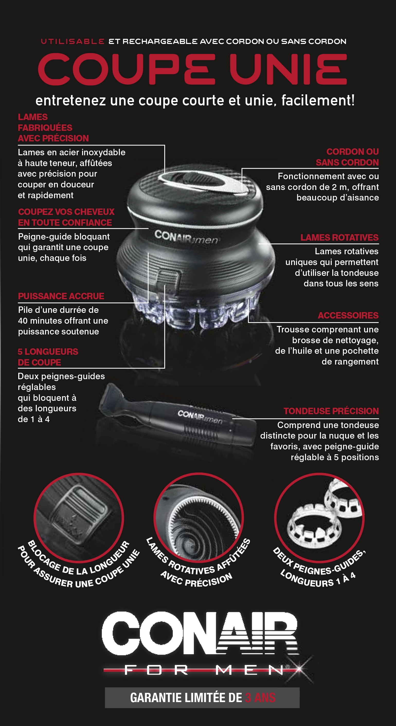 Trousse de coupe de cheveux even cut rotative V2 de Conair For Men avec tondeuse