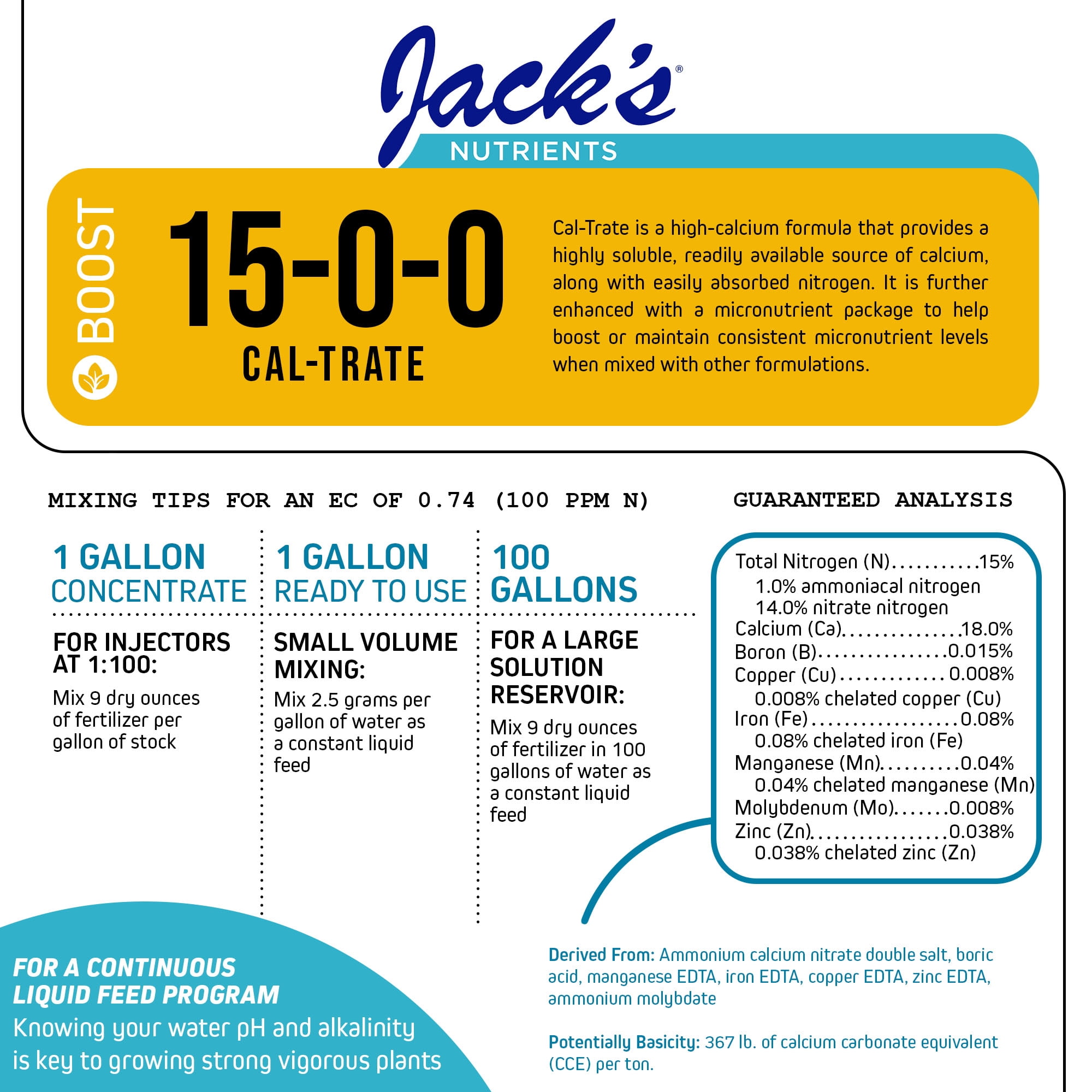 Jack’s Nutrients 15-0-0 Cal-Trate Water-Soluble Fertilizer, 25lbs - A Boost of Calcium and Micronutrients for Strong Leaf Growth