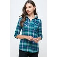 thumbnail image 2 of BodiLover, Women's, Long Sleeves Roll Up Button Up Plaid Shirt with 2 Breast Pockets, Green Gray, S, 2 of 4