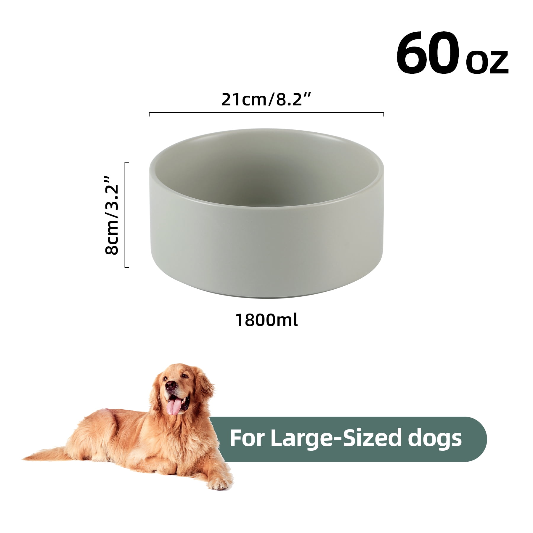 LarqeeWare Ceramic Non-Slip Dog Food and Water Bowl for Large Breed Dogs, Pet Bowl for Replacement 8.2inch  (Single Bowl, Grey)
