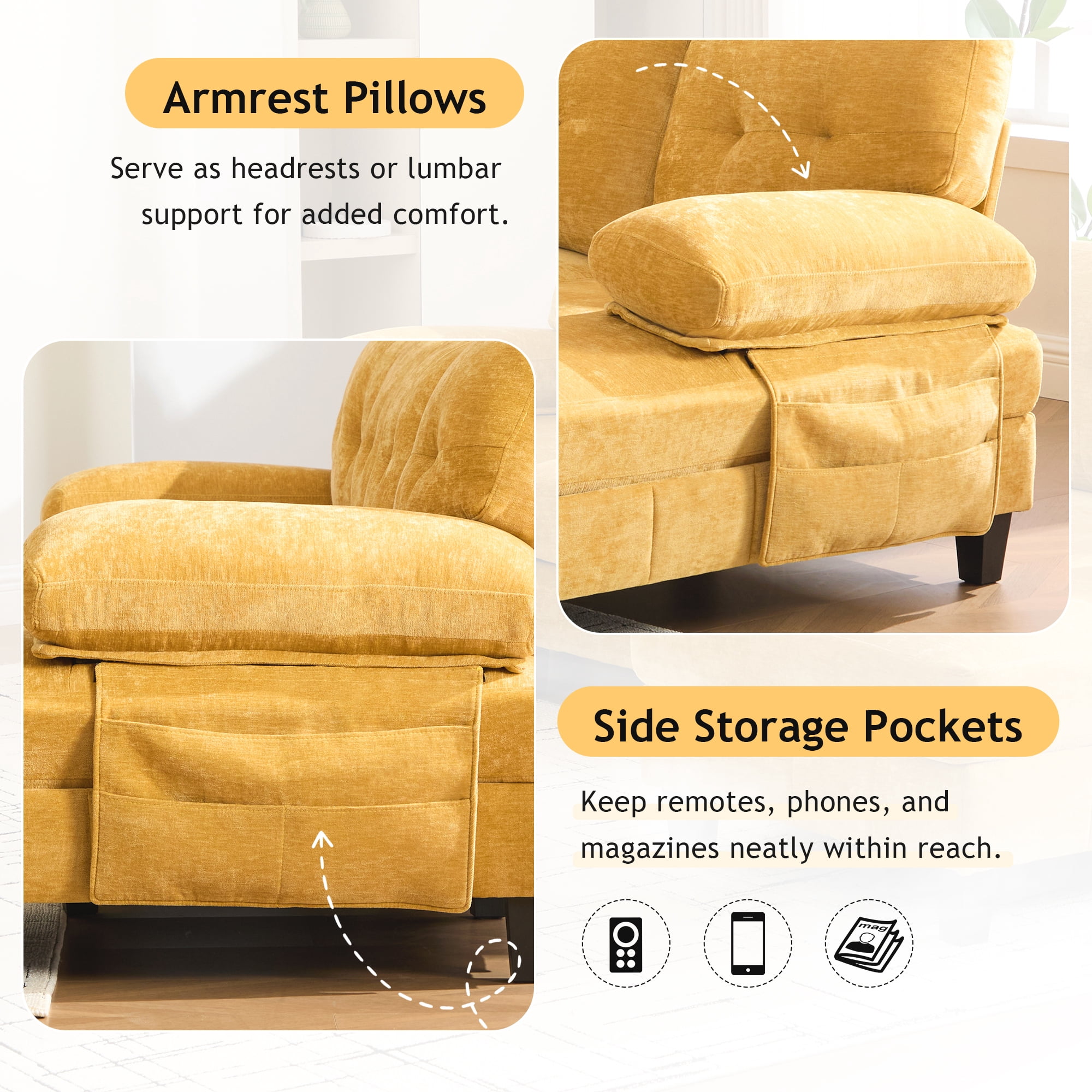 Leumius U Shaped Sectional Sofa, 103.5" Chenille Fabric Couch with Double Chaise Lounges, U Shaped Couch for Living Room, Yellow