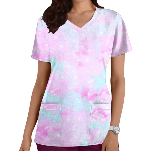Fiudx Ofertas y Liquidaciones Blusa de Manga Corta con Cuello En V para Mujer, Uniforme de Trabajo, Impresión de Bolsillo