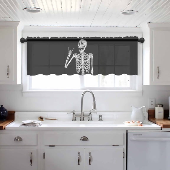 Halloween Valance Curtains for Kitchen/Living Room/Bathroom/Bedroom Window, Black Scary Skull White Skeleton Vintage Rod Pocket Small Topper Half Short Window Curtains Voile Sheer Scarf 42"x18"