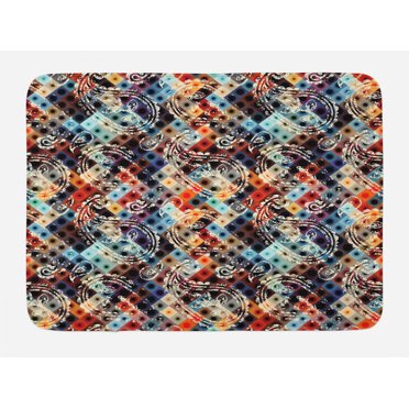 Modern Bath Mat, Geometric Retro Design Background with Paisley Figures Spots like Artwork Print, Non-Slip Plush Mat Bathroom Kitchen Laundry Room Decor, 29.5 X 17.5 Inches, Multicolor, Ambesonne