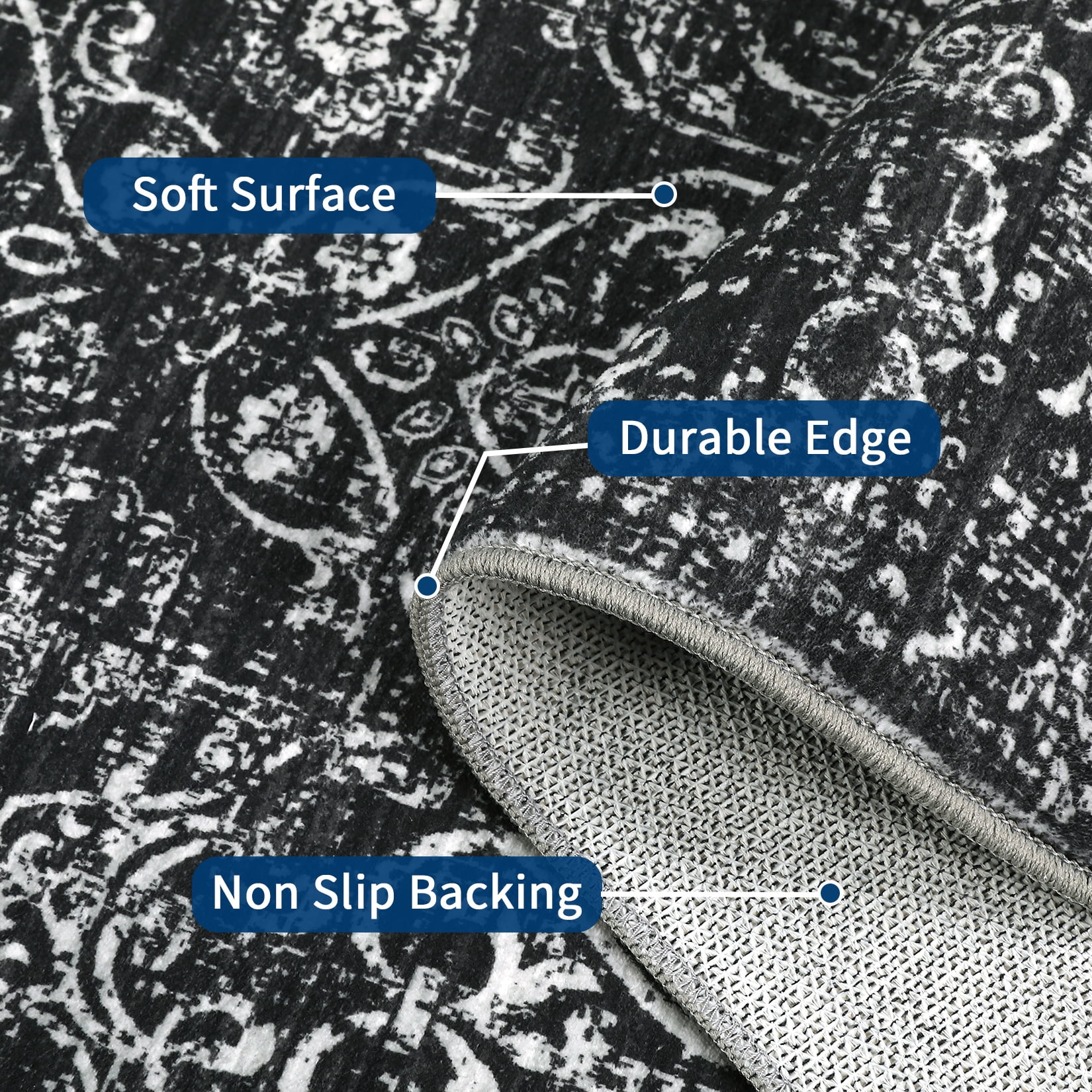 HOMERRY Indoor Rug 8' x 10' Area Rug for Living Room Vintage Floral Washable Bedroom Non-Slip Carpet for Home Decor, Black