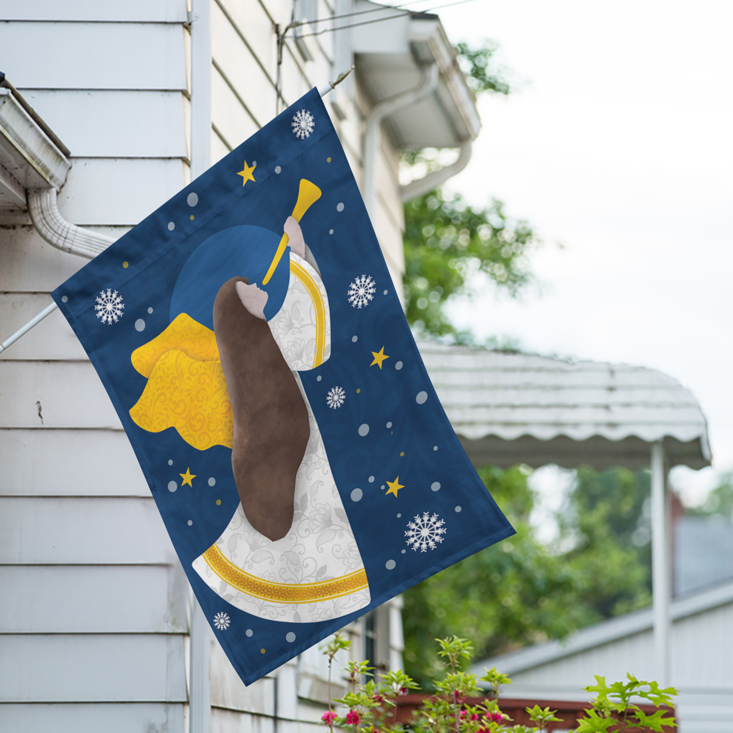 America Forever Christmas Angel Trumpet House Flag, 28 x 40 inch Double Sided, Angel Snowflakes Stars Banner, Religious Holiday Outdoor Decor, Winter Yard Decorations Flag