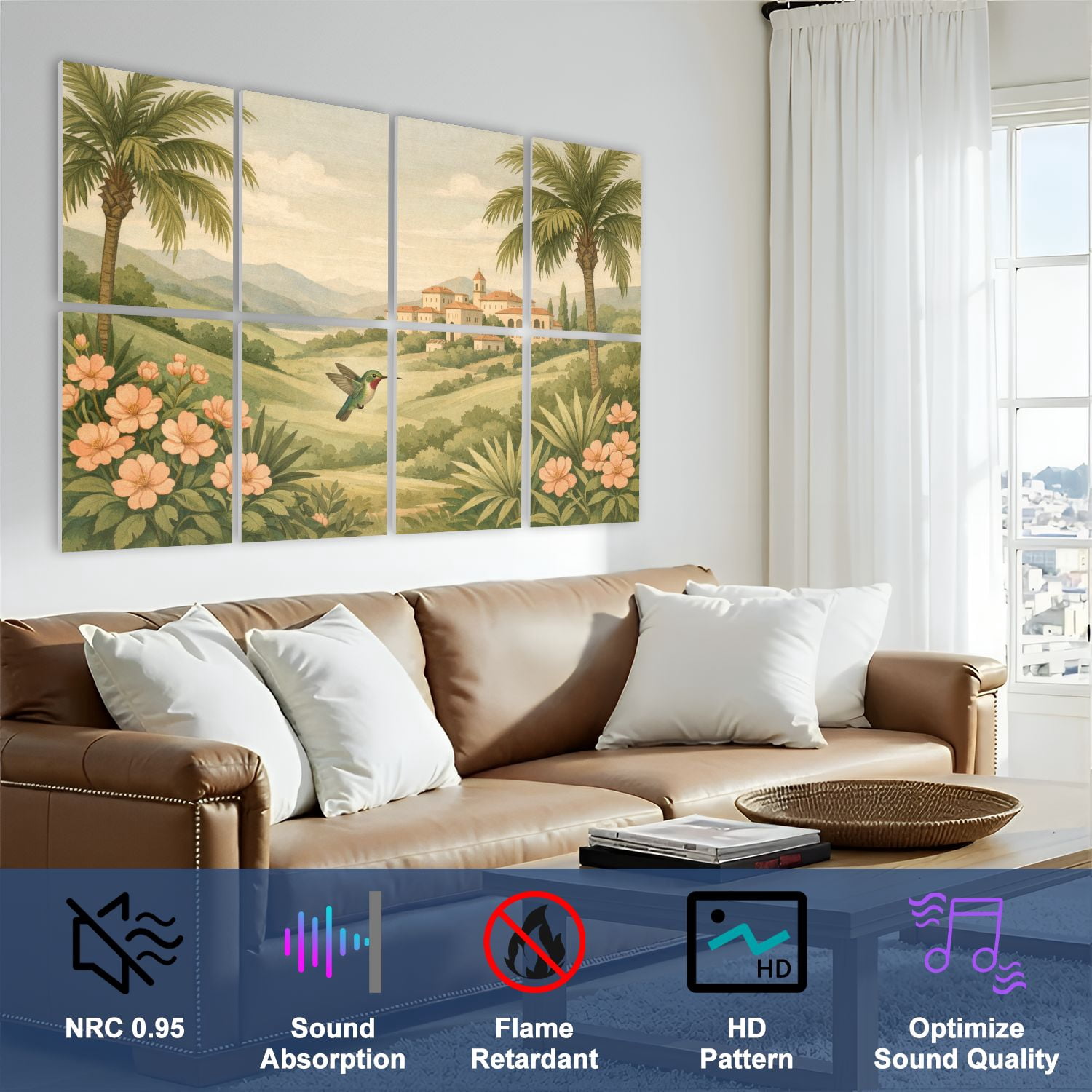 8 Pack Art Acoustic Panels Tropical Landscape Palm Trees Mountains Self Adhesive Absorbing Dampening Panels Self Adhesive for Nursery Game Room Bedroom 48"x32"