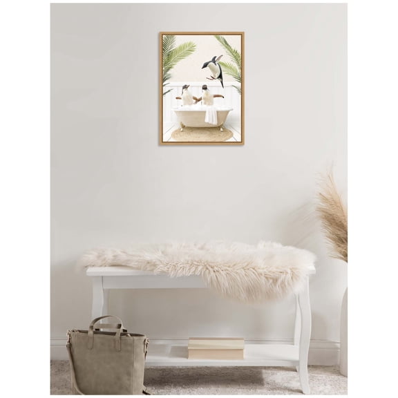 Kate and Laurel Penguins in Palm Bathtub Framed Canvas Wall Art by Amy Peterson 18 x 24 Sylvie Natural, Whimsical, Animals, Bathroom, Tropical Art for Wall Decor, Living Room, Bedroom