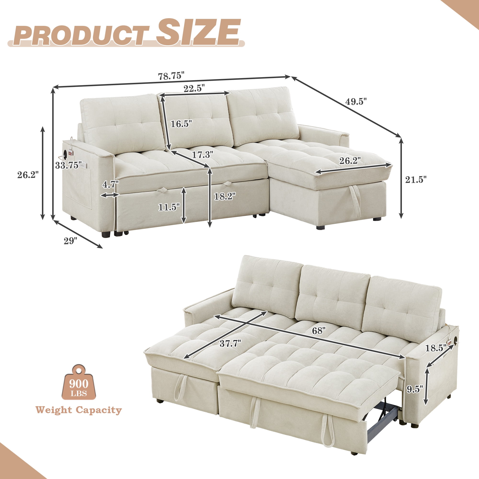 Lunale Convertible Sofa Bed with Reversible Storage Chaise, Sleeper Sectional Sofa with USB Charging Ports, L-Shaped Sectional Sofa for Apartment, Beige Chenille