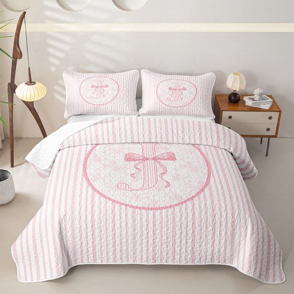 Manfei Girls Cute Bow Stripes Letter I Monogrammed Twin Quilt Set,Teens Romantic Flowers Bow Tie Twin Coverlet Set