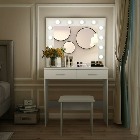 Hilitand Vanity Makeup Vanity Table with Mirror LED Lights, Storage, 2 Drawers, Stool and Table Set, Multifunctional White Dressing Table Girl Desk