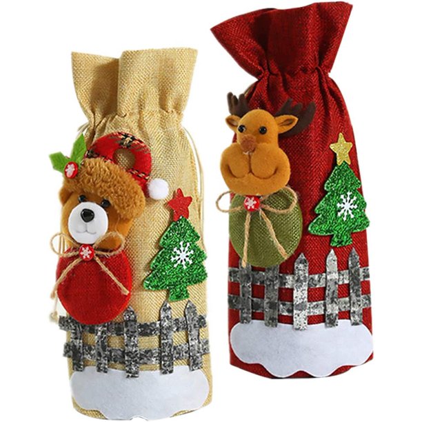 Juego de 2 fundas de lino para botellas de vino de Navidad con diseño de oso y ciervo, para decoración de botellas de vino de Navidad, decoración de mesa de Navidad