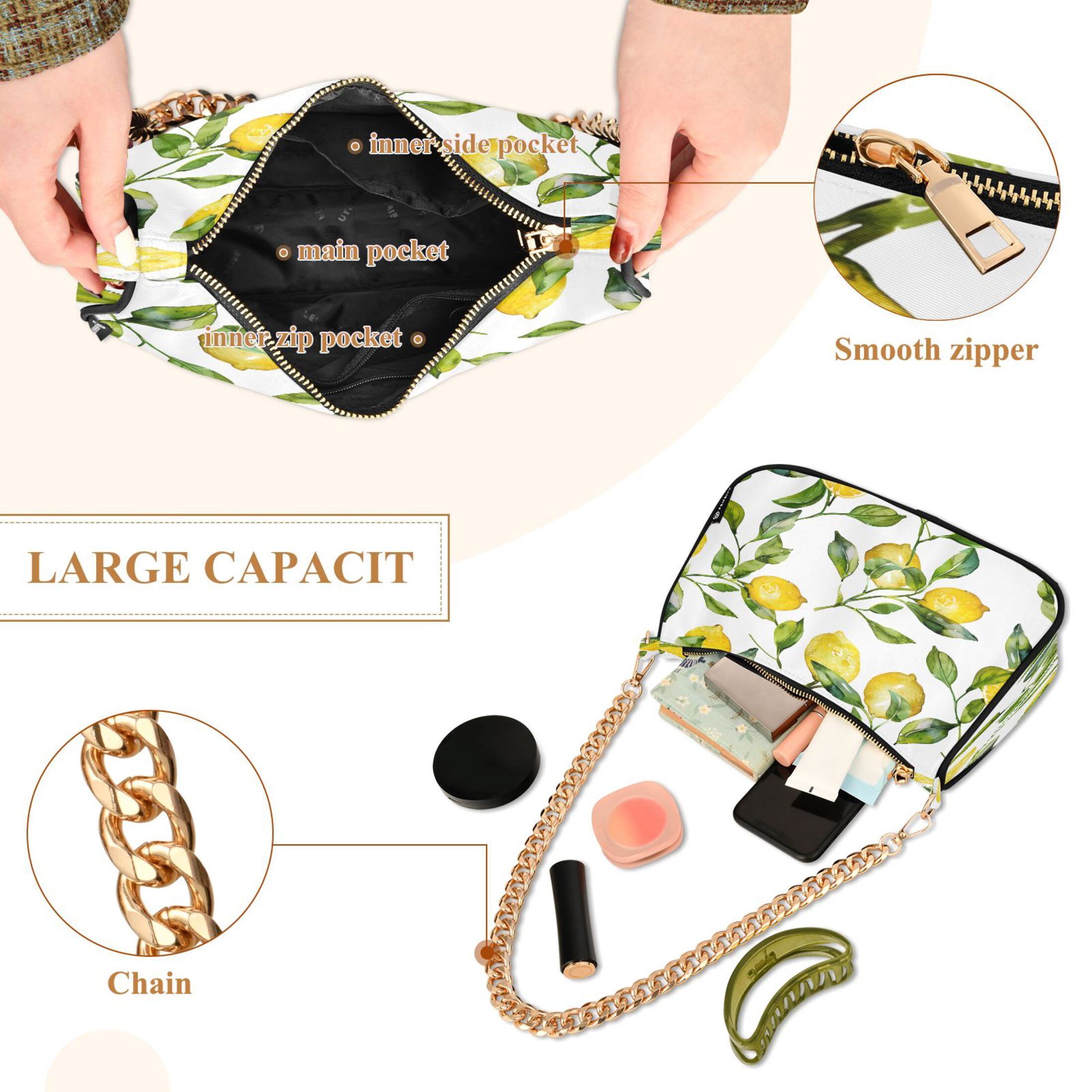 Ryvnso Lemon and Leaves Womens Chain Shoulder Bag Tote Handbags Clutch Hobo Purse with Zipper for Travel