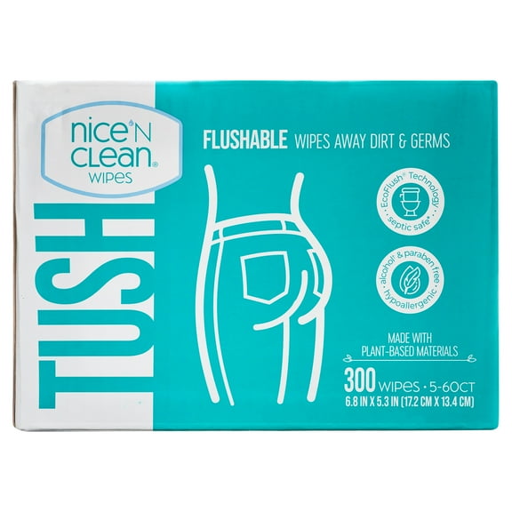 Nice 'N Clean Flushable Wet Wipes, 5 Packs of 60 Wipes, 300 Total Wipes